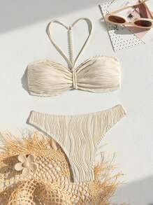 女士新款沙滩装，纯色纹理面料搭配珍珠装饰性感吊带比基尼套装 - 米色 - 查看 4