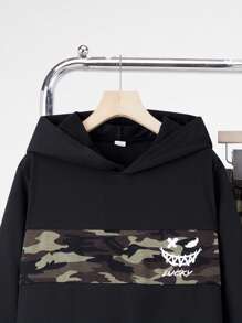 SHEIN Leap Crew 2pcs/Set Teen Boys Casual Comfortable Highly Attractive Camouflage Patchwork Graphic Hoodie & Sweatpants Two-Piece Set - Multicolor - View 7