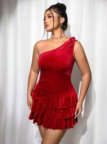 SHEIN ICON Parte superior de terciopelo sintético con un hombro y dobladillo asimétrico con rosas 3D, sexy para una cita nocturna de San Valentín talla grande