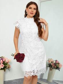 SHEIN Clasi Plus Size Elegant Party Solid Color Lace Dress - White - View 3