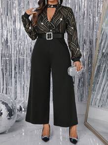 Allurite Plus Size Women Foil Striped V-Neck Lantern Sleeve Wide Leg Elegant Jumpsuit