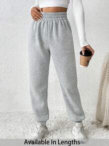 SHEIN PETITE CURVE Plus Size Women Solid Color Elastic Waist Drawstring Casual Sweatpants - Light Grey - View 1