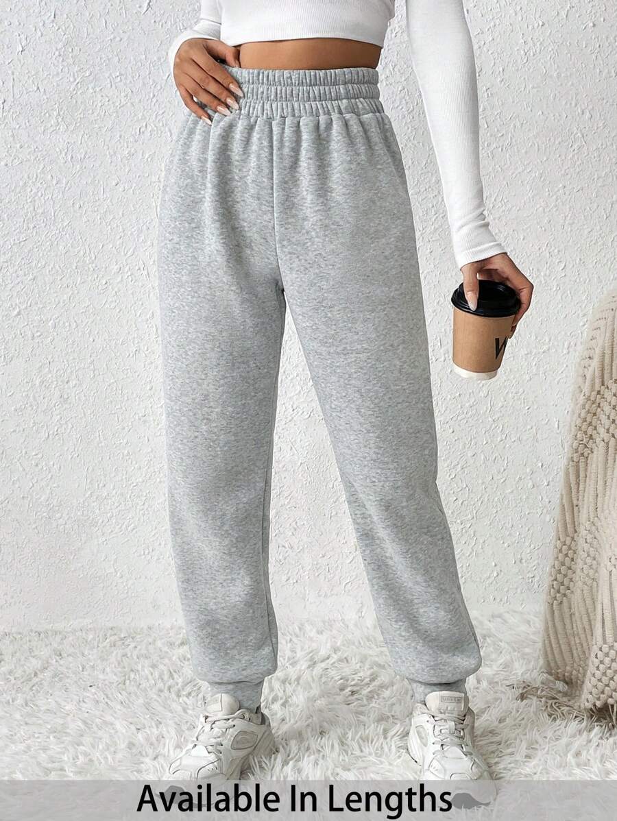 SHEIN PETITE CURVE Plus Size Women Solid Color Elastic Waist Drawstring Casual Sweatpants - Light Grey - View 1