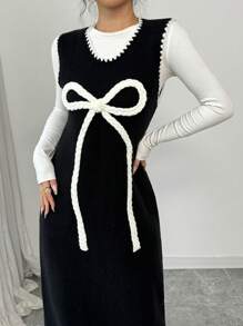 Chiquease Elegantes, romantisches Damenstrickkleid mit süßer Schleifen-Deko, Maxikleid für Damen - Schwarz - Übersicht 5