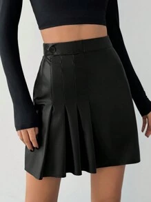 SHEIN Tall Women's Pu Leather Mini Pleated Skirt - Black - View 4