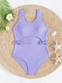 SHEIN Teen Girl's Solid Color Wide Strap Bow Decor One-Piece Swimsuit - Purple - View 3