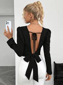 Selianne Áo cánh tay giám mục thiết kế hở lưng buộc dây màu trơn thanh lịch cho nữ, mùa thu/đông - màu đen - Xem 7