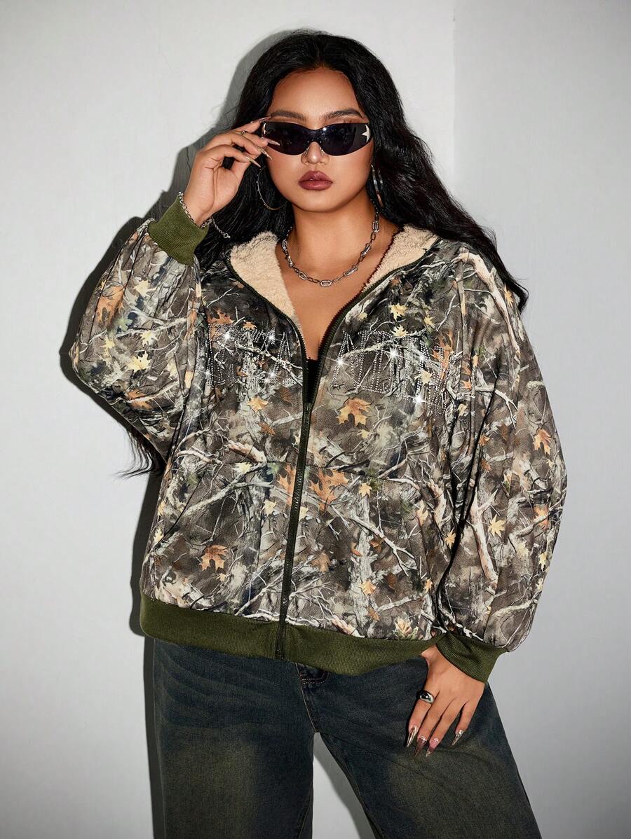 SHEIN ICON Plus Size Oversize Leaf & Letter Rhinestone Decor Hoodie Sweatshirt - Multicolor - View 1