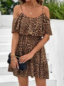 SHEIN Clasi Summer Holiday Outfits  Women's Elegant Brown Leopard Print Ruffle Ruffle V-Neck A-Line Mini Dress,Summer Dresses
Spring Clothes - Multicolor - View 6