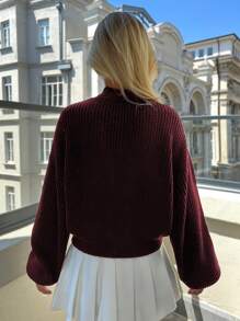 EURMUSE Women Rhinestone Ribbon Detailed Cute Cardigan - Burgundy - View 2