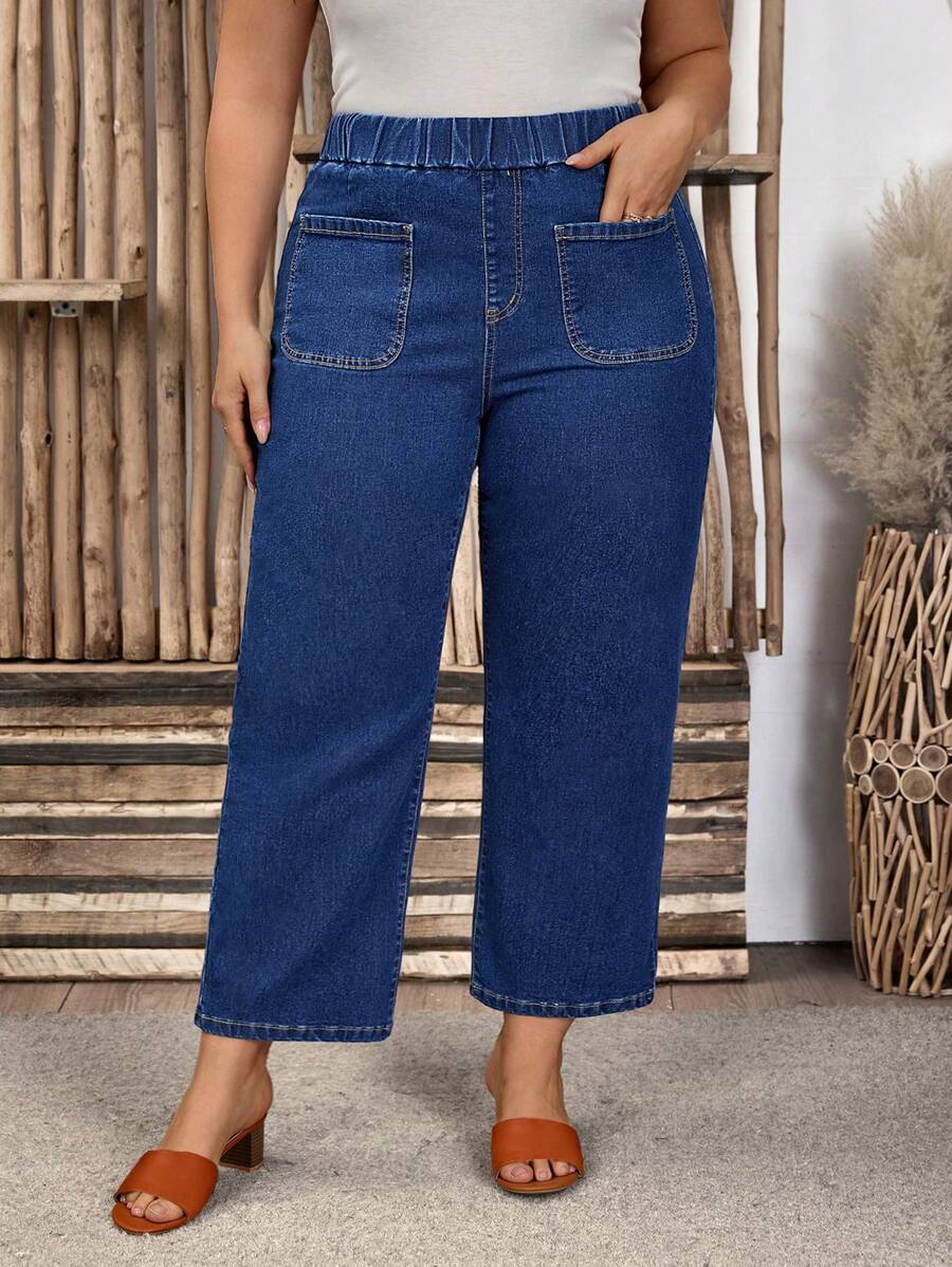 Plus Size Women Elastic Waist Double Pockets Straight Leg Casual Jeans - Dark Wash - View 1
