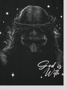 ROMWE MEN Men's Gothic Jesus Loose Raglan Short Printed T-Shirt, Retro Street Style, Halloween, 2000s Style - Black - View 5