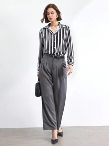 BizChic Kemeja Bergaris Wanita untuk Perjalanan, Pakaian Kantor, Elegan untuk Kerja, Kencan, Musim Semi/Panas - Hitam dan Putih - View 2