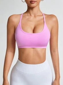 SHEIN Sport Studio Sujetador deportivo de uso diario de unicolor con espalda abierta para mujer