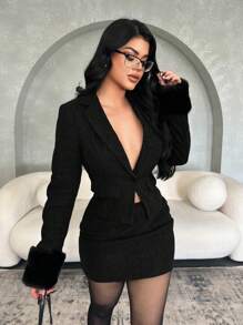 SHEIN SXY Business Office Lady Minimalist Fuzzy Cuff Blazer Suit, Autumn/Winter - Black - View 3
