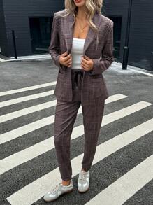 SHEIN LUNE Retro Plaid Collar Pocket Waist Cinched Blazer Jacket And Cinched Waist Tapered Leg Pants Casual Commuter Elegant Suit Set For Women, Autumn/Winter Winter Sets