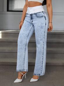 SHEIN Essnce Jeans droits à jambes larges avec double taille en patchwork, mode décontractée et polyvalente pour femme