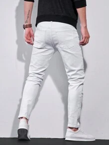Manfinity Homme Men's Pocket Distressed Casual Skinny Denim Jeans - White - View 2