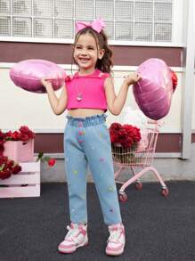 1 Set Young Girl Solid Color Round Neck Top And Front Button Long Pants - Multicolor - View 3