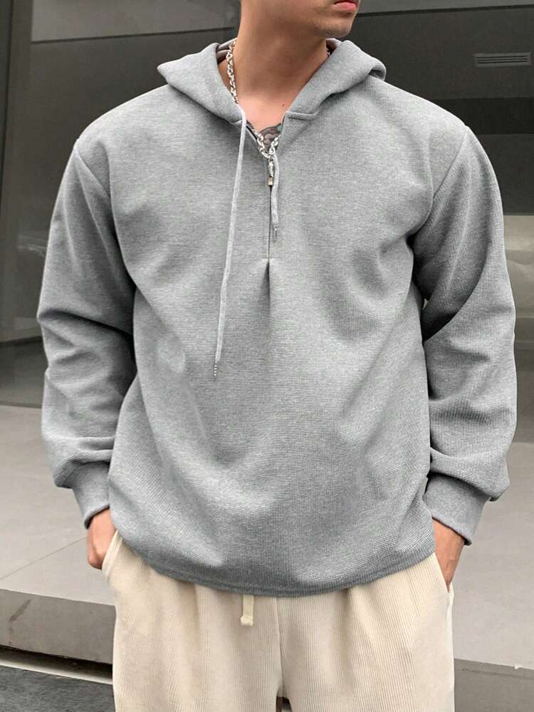 Men's Solid Color Front Zipper Long Sleeve Minimalist Hooded Sweatshirt, Casual Everyday Wear,Fall Clothes Quarter Zip Men