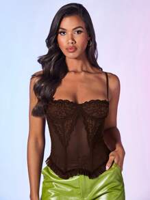 SHEIN BAE Women Contrast Lace Fitted Camisole - Coffee Brown - View 3