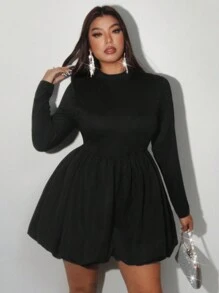 Allurite Plus Size Long Sleeve Stand Collar Sweet Cake Jumpsuit, Cute Rompers