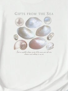 INAWLY Camiseta de manga corta de verano con gráfico impreso de concha y letra para mujeres