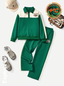 SHEIN 2pcs/Set Boys Colorblock City Design Long Sleeve Polo Sweatshirt & Matching Pants, Casual Sports Outfit, Suitable For Outdoor, School And Daily Occasions