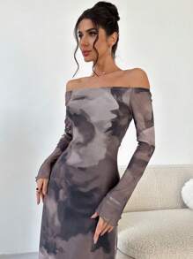 Firerie 新款优雅扎染印花露肩连衣裙，秋冬款