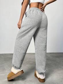 SHEIN EZwear Quần dài vải nỉ ấm áp đi chơi thường ngày cho nữ - Xám - Xem 2