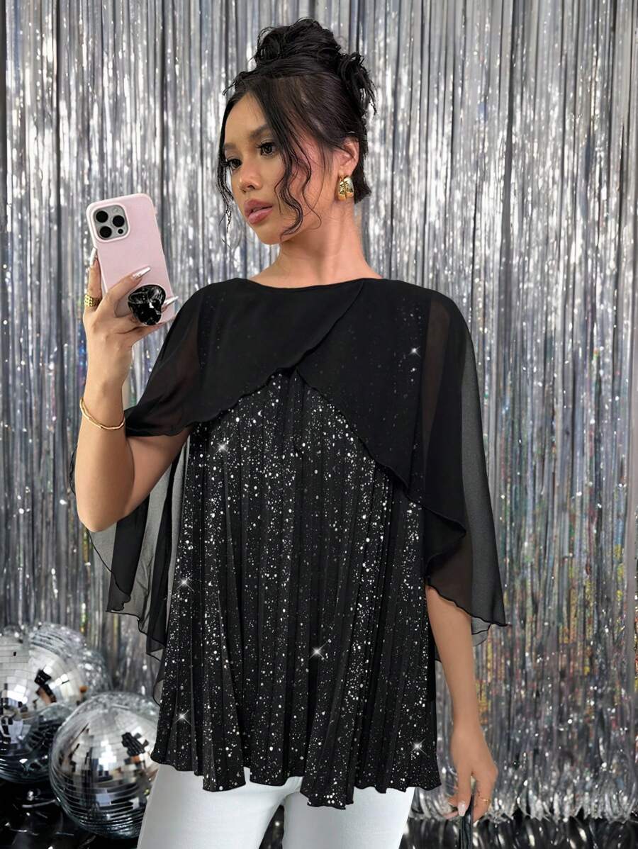 Chiquease 女士褶皱雪纺斗篷式衬衫，二合一 - 黑色 - 查看 1