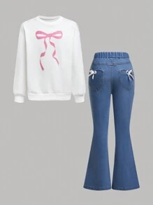 SHEIN 2 件套青少年女孩蝴蝶结运动衫和喇叭牛仔裤，休闲公主芭蕾风格