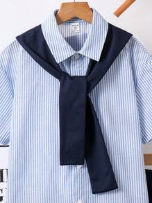 3-Piece Tween Boy Casual Shawl Collar Mid-Sleeve Striped Shirt & Solid Shorts Set, Korean/Japanese Style