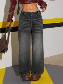 SHEIN ICON Pantalones rectos de mujer en denim desteñido con estampado moteado de bigotes de gato