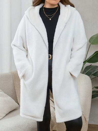 SHEIN Clasi 秋季大码女式黑色仿兔毛落肩保暖夹克