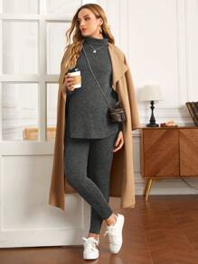 SHEIN 2pcs Pregnant Women Casual Solid Color Turtleneck Long Sleeve Top And Long Pants Set, Autumn/Winter - Dark Grey - View 4