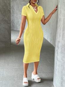 SHEIN Slayr 夏季休闲优雅简约基础款新款翻领V领短袖修身长裙白色波浪针织面料女装 - 黃色 - 查看 8