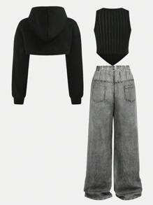 SHEIN 青少年女孩三件套：连帽运动衫、水钻装饰圆领背心和牛仔效果裤