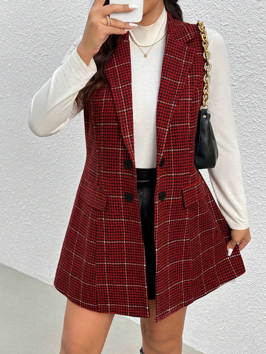 SHEIN Frenchy 大码秋装，女士秋装，秋装，女士办公室服装，女士千鸟格印花简约日常夹克