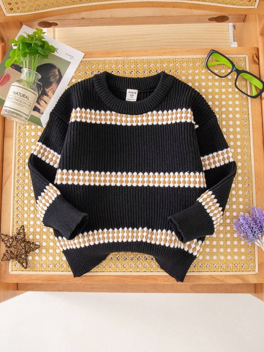 SHEIN Sweater Pullover Kasual Bergaris Lengan Panjang Kerah Bulat untuk Anak Laki-Laki - Hitam - View 1