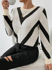 SHEIN PETITE 2024 Autumn/Winter New Arrival Geometric Stripe Pattern Pullover Sweater Knit Pullover Fall Sweater - Black and White - View 5