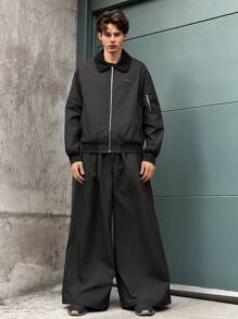 Manfinity VCAY Men's Fashionable Casual Loose Fit Contrast Panel Long Sleeve Open Front Black Jacket Coat, For Fall Winter - Black - View 3