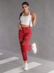 SHEIN PETITE Damen Gerade geschnittene Jeans mit Distressed-Effekt, lässig, mit Taschen, vielseitig einsetzbar