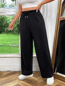 Sweetra Pantalones anchos de talla grande de unicolor casual con cordón y cintura elástica