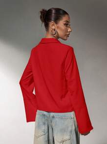 SHEIN SXY Blusa roja con lazo, manga larga y corte suelto para mujer, elegante y glamorosa, ideal para cenas y banquetes festivos en otoño/invierno - Rojo - Ver 2