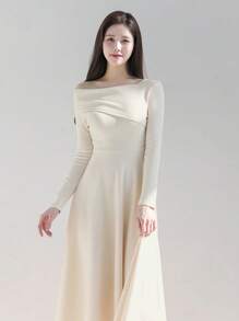 DAZY 纯色不对称领长袖A字优雅连衣裙，秋季连衣裙/长款连衣裙 - 白色 - 查看 1