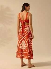 CAJUNI 2 件套女式夏季假期阳光和椰子树印花短款吊带上衣和修身长裙绿色休闲热带波西米亚风套装 - 橘色 - 查看 2