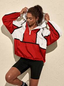 VARSITIE Contrast Color Drawstring Zipper Front Hooded Loose Casual Women Outdoor Jackets - Red - View 1