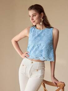 MOTF PREMIUM ÁO BLOUSE KHÔNG TAY REN GIẢ NGỌC TRAI GUIPURE - Màu xanh lam - Xem 6