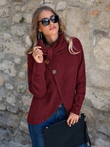 SHEIN LUNE Women Solid Color Button Design Long Sleeve Sweater, Suitable For Valentine's Day, New Year's Celebration